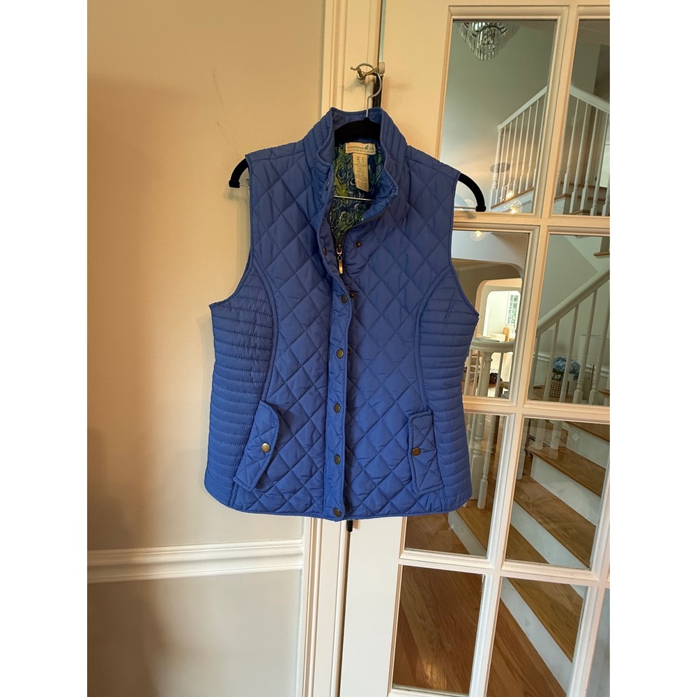 Caribbean Joe Women Blue Quilted Vest L Tropical Lining Full Zip Snap Front